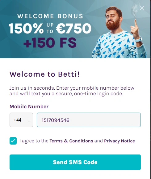 Betti Casino login and registration screen
